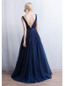 Beaded Lace Tulle V Back Long Evening Dress